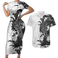 Hawaiian And Japanese Culture Couples Matching Short Sleeve Bodycon Dress and Hawaiian Shirt Irezumi Dragon With Polynesian Pattern White - Polynesian Pride