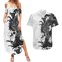 Hawaiian And Japanese Culture Couples Matching Summer Maxi Dress and Hawaiian Shirt Irezumi Dragon With Polynesian Pattern White - Polynesian Pride