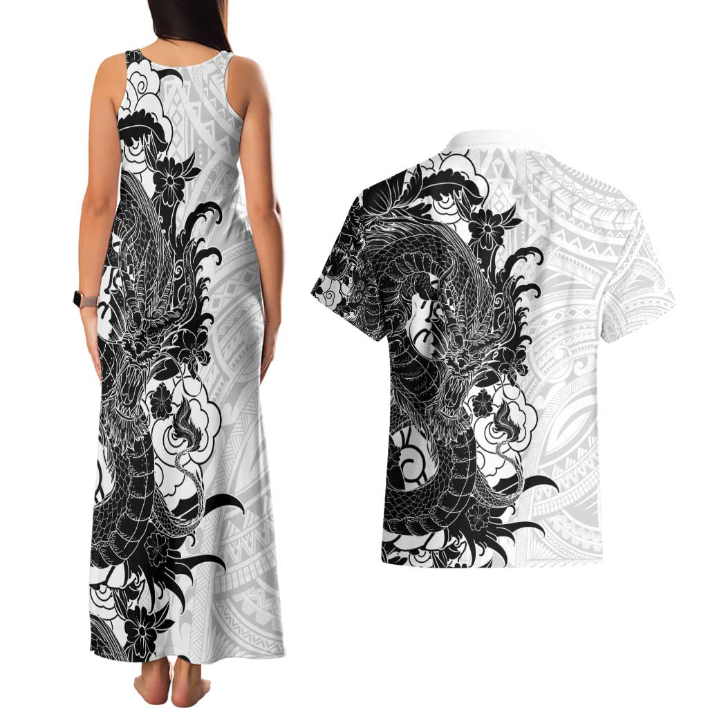 Hawaiian And Japanese Culture Couples Matching Tank Maxi Dress and Hawaiian Shirt Irezumi Dragon With Polynesian Pattern White - Polynesian Pride