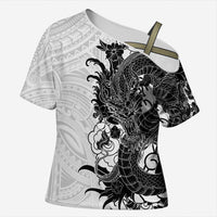 Hawaiian And Japanese Culture Cross Shoulder Shirt Irezumi Dragon With Polynesian Pattern White LT05 Female White - Polynesian Pride