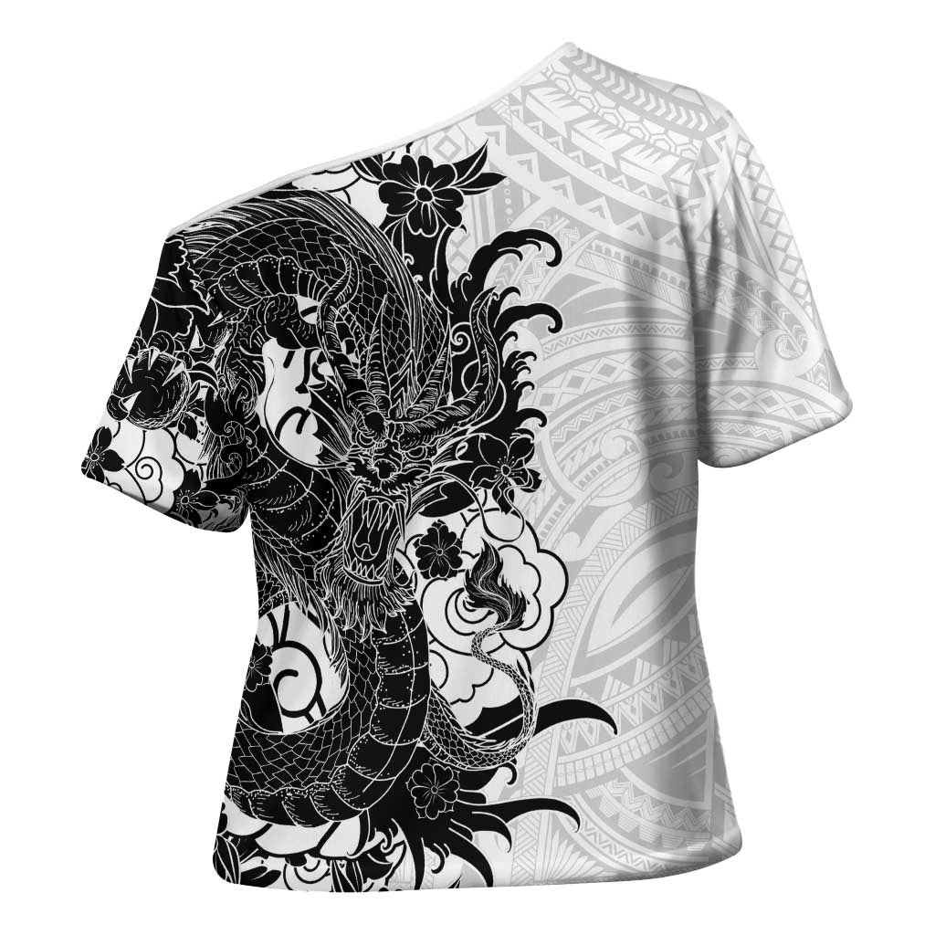 Hawaiian And Japanese Culture Cross Shoulder Shirt Irezumi Dragon With Polynesian Pattern White LT05 - Polynesian Pride