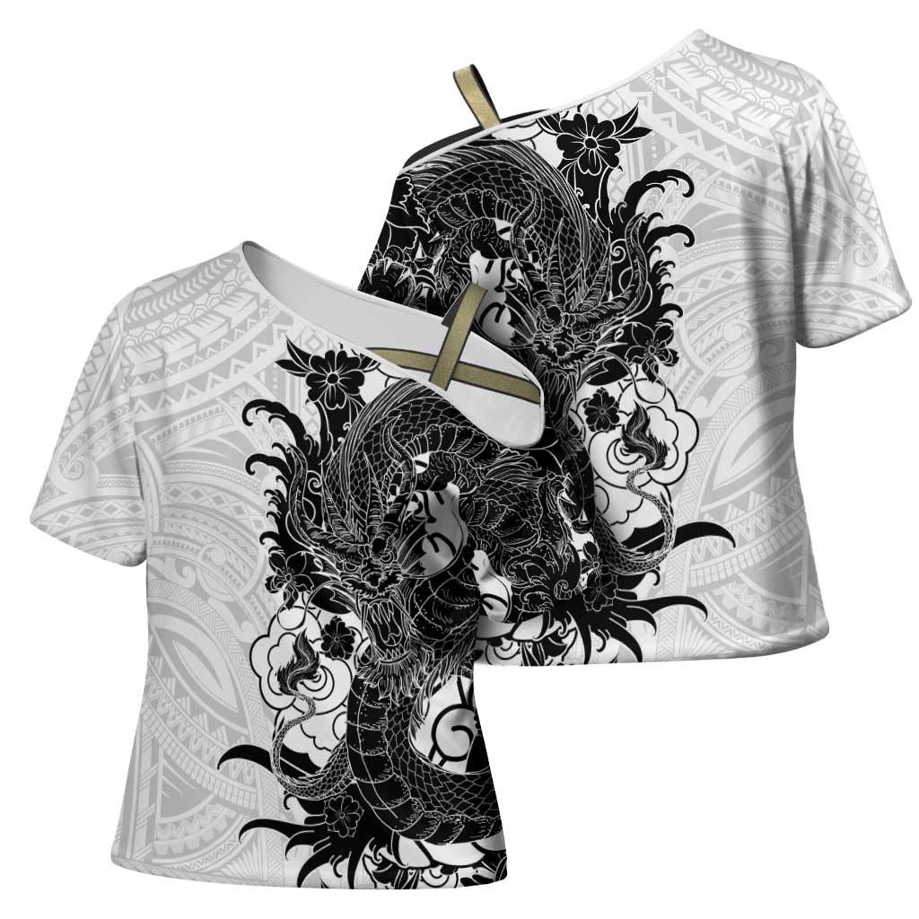 Hawaiian And Japanese Culture Cross Shoulder Shirt Irezumi Dragon With Polynesian Pattern White LT05 - Polynesian Pride