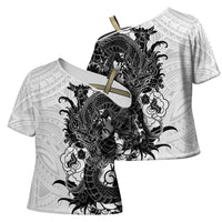Hawaiian And Japanese Culture Cross Shoulder Shirt Irezumi Dragon With Polynesian Pattern White LT05 - Polynesian Pride