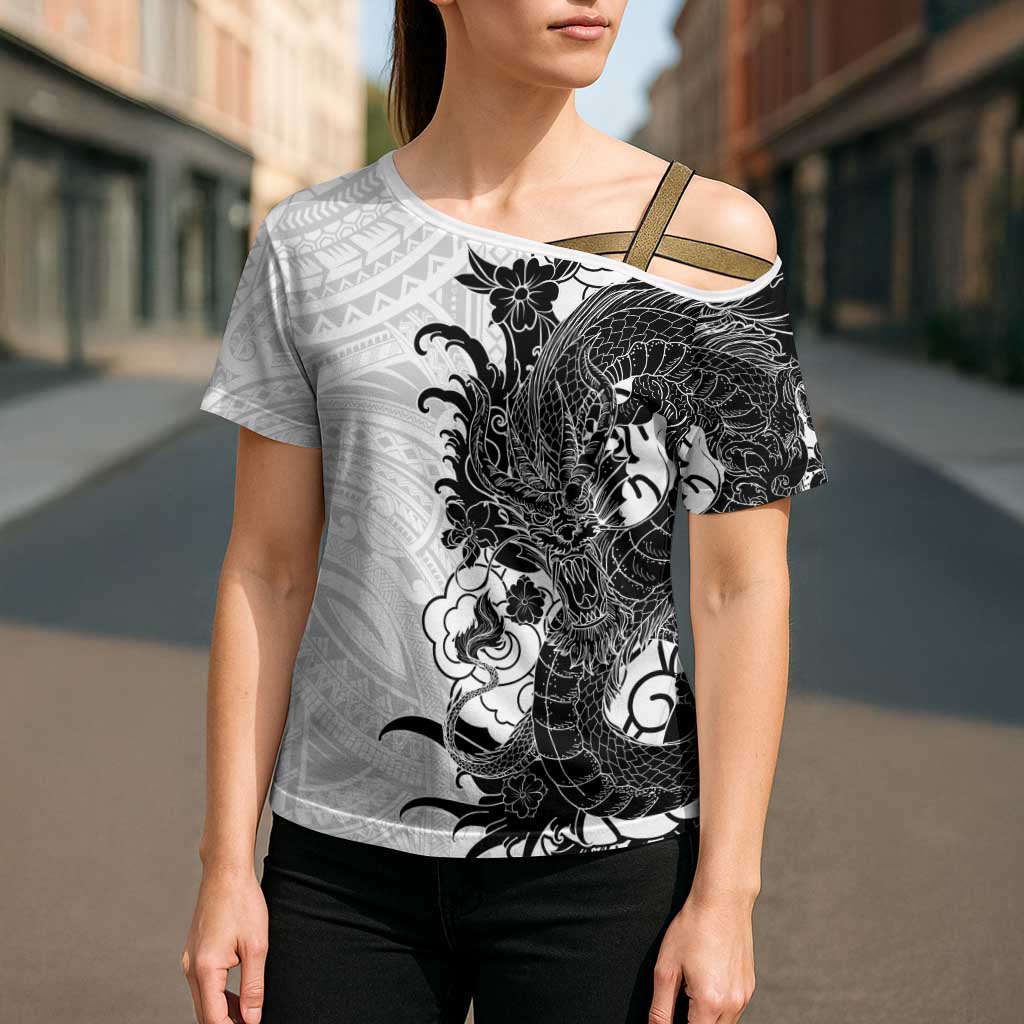 Hawaiian And Japanese Culture Cross Shoulder Shirt Irezumi Dragon With Polynesian Pattern White LT05 - Polynesian Pride