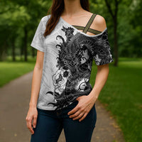 Hawaiian And Japanese Culture Cross Shoulder Shirt Irezumi Dragon With Polynesian Pattern White LT05 - Polynesian Pride