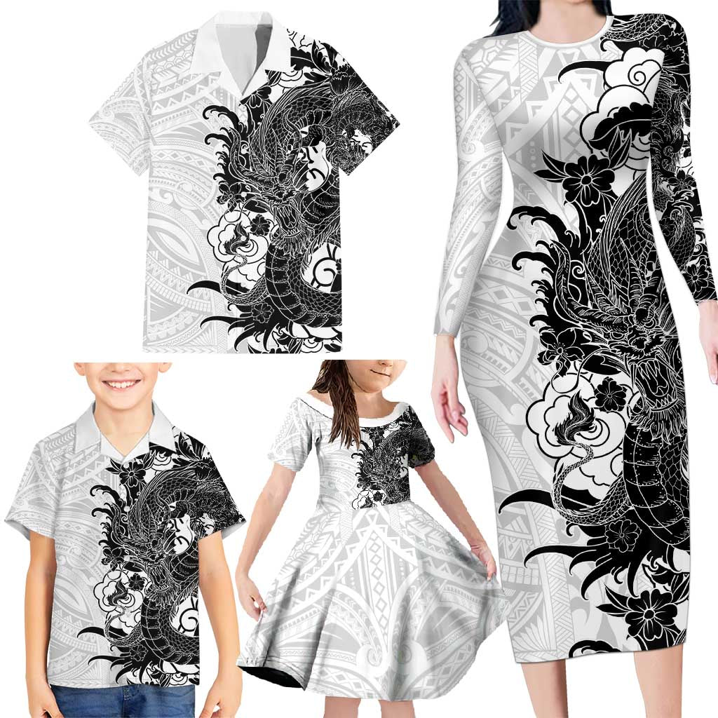Hawaiian And Japanese Culture Family Matching Long Sleeve Bodycon Dress and Hawaiian Shirt Irezumi Dragon With Polynesian Pattern White - Polynesian Pride