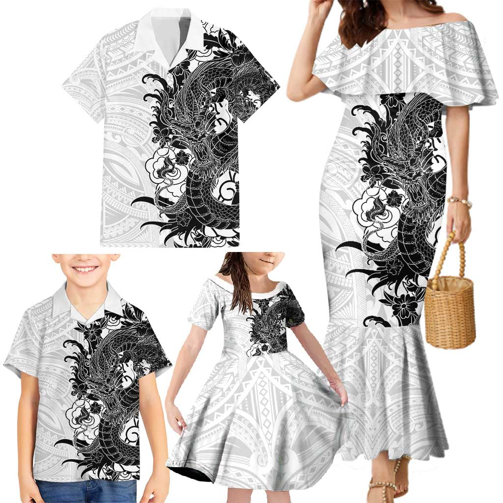 Hawaiian And Japanese Culture Family Matching Mermaid Dress and Hawaiian Shirt Irezumi Dragon With Polynesian Pattern White - Polynesian Pride
