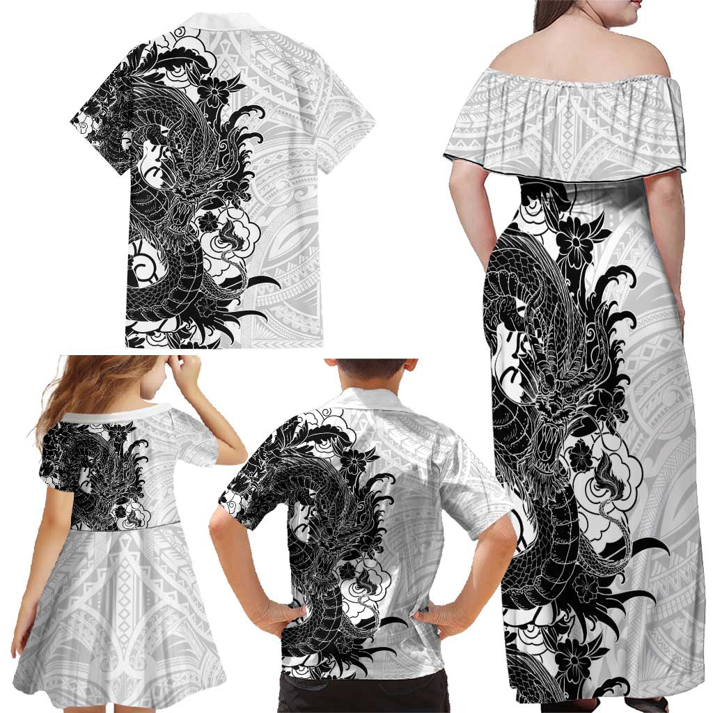 Hawaiian And Japanese Culture Family Matching Off Shoulder Maxi Dress and Hawaiian Shirt Irezumi Dragon With Polynesian Pattern White - Polynesian Pride