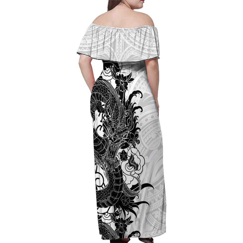 Hawaiian And Japanese Culture Family Matching Off Shoulder Maxi Dress and Hawaiian Shirt Irezumi Dragon With Polynesian Pattern White - Polynesian Pride
