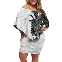Hawaiian And Japanese Culture Family Matching Off Shoulder Short Dress and Hawaiian Shirt Irezumi Dragon With Polynesian Pattern White - Polynesian Pride