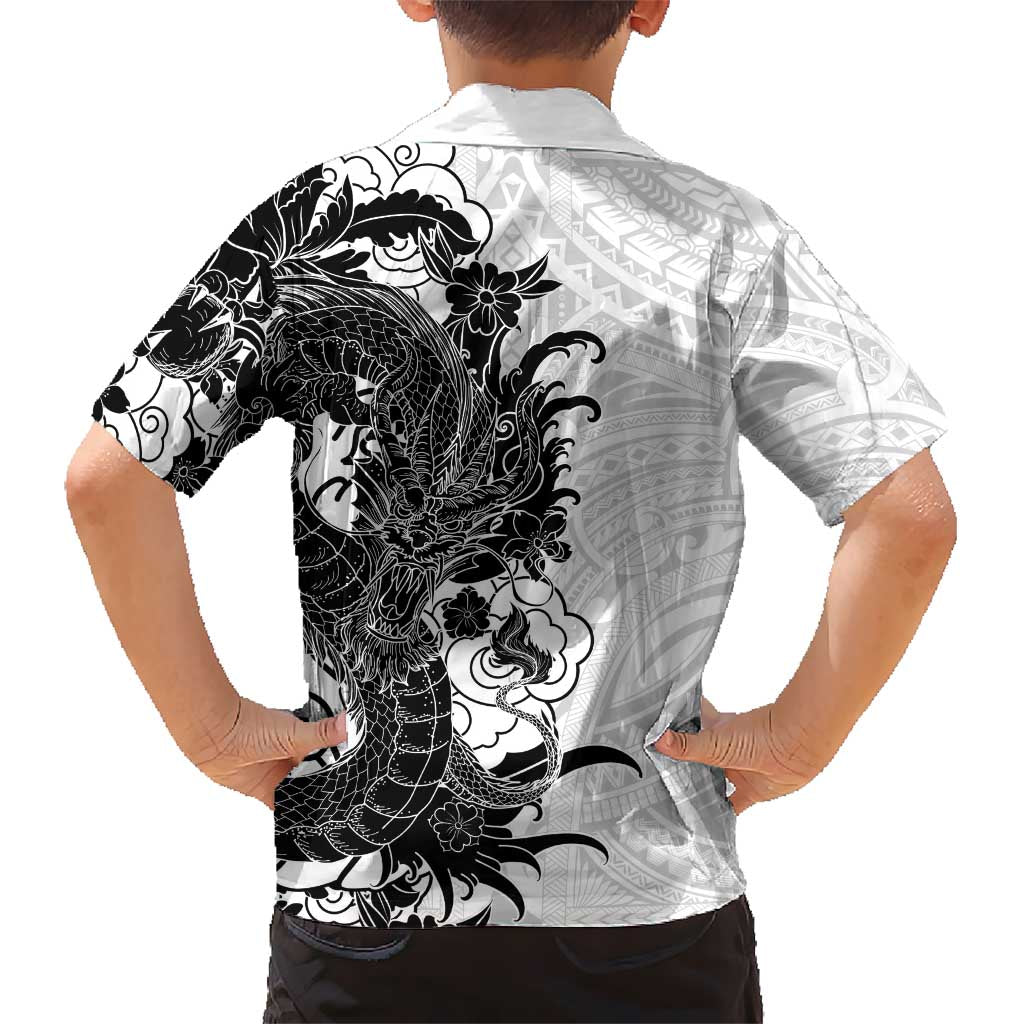 Hawaiian And Japanese Culture Family Matching Puletasi and Hawaiian Shirt Irezumi Dragon With Polynesian Pattern White - Polynesian Pride