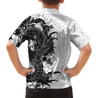 Hawaiian And Japanese Culture Family Matching Puletasi and Hawaiian Shirt Irezumi Dragon With Polynesian Pattern White - Polynesian Pride