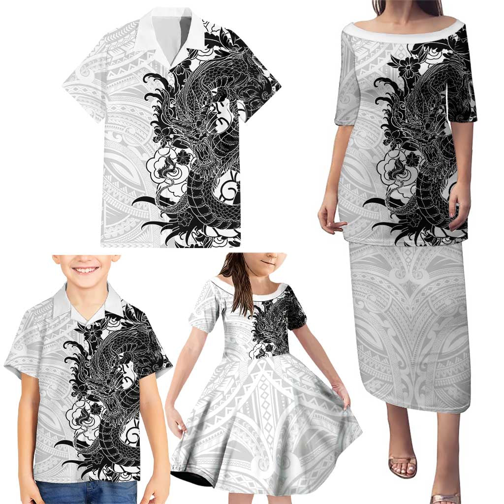 Hawaiian And Japanese Culture Family Matching Puletasi and Hawaiian Shirt Irezumi Dragon With Polynesian Pattern White LT05 - Polynesian Pride