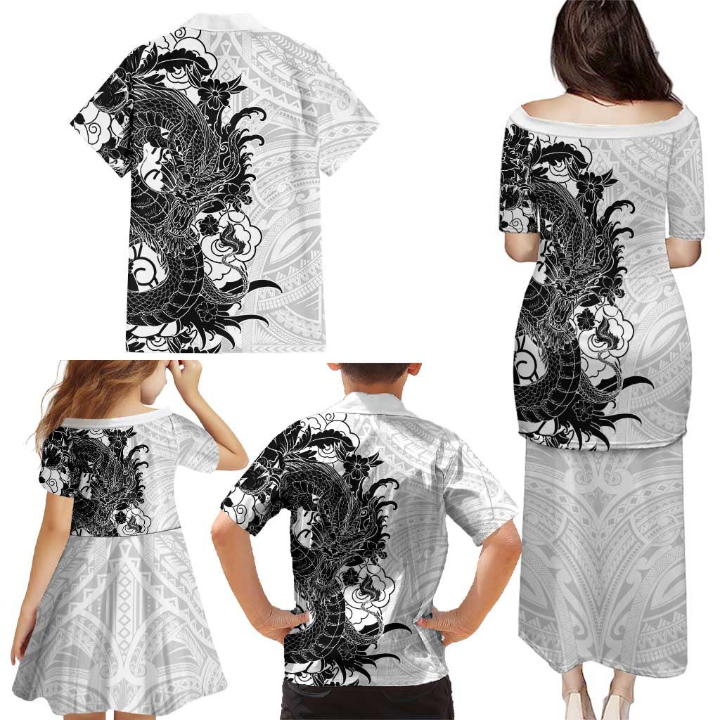 Hawaiian And Japanese Culture Family Matching Puletasi and Hawaiian Shirt Irezumi Dragon With Polynesian Pattern White - Polynesian Pride