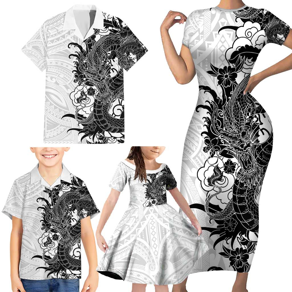 Hawaiian And Japanese Culture Family Matching Short Sleeve Bodycon Dress and Hawaiian Shirt Irezumi Dragon With Polynesian Pattern White - Polynesian Pride