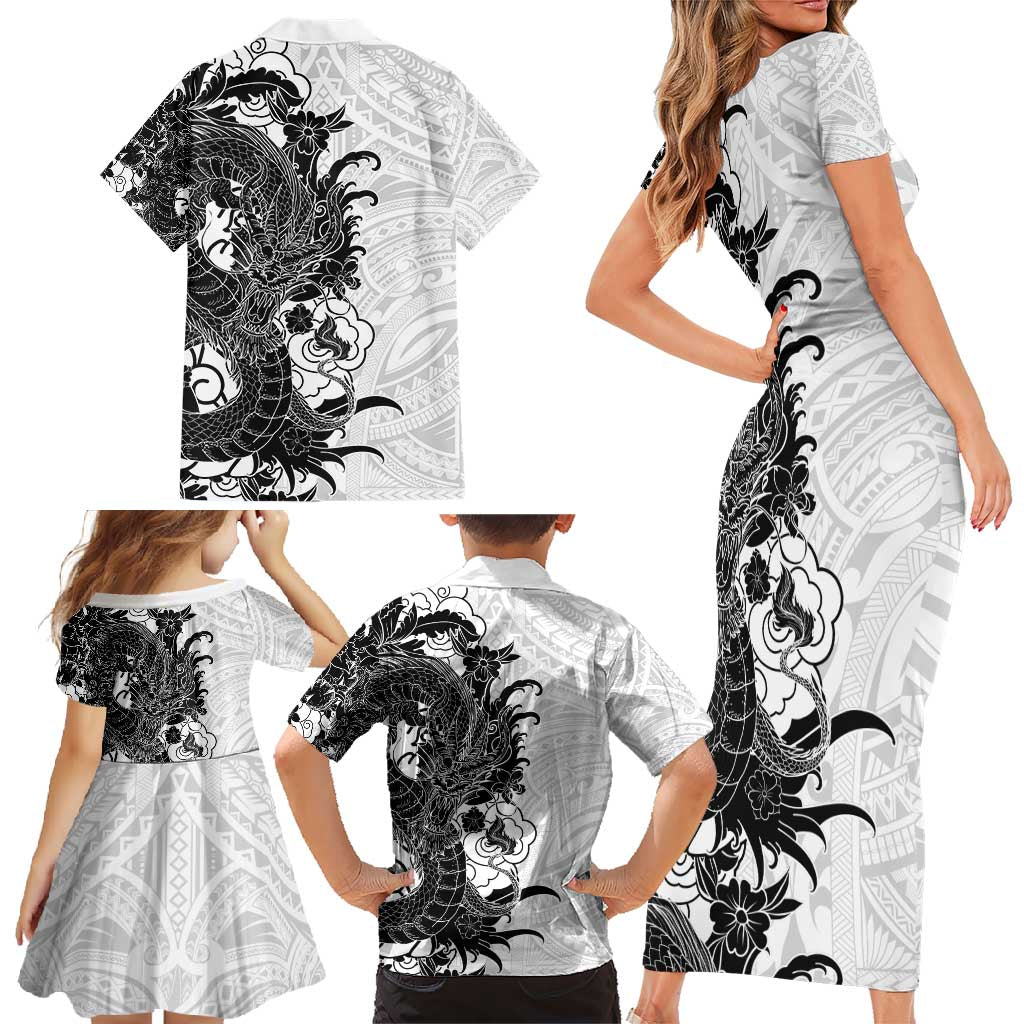 Hawaiian And Japanese Culture Family Matching Short Sleeve Bodycon Dress and Hawaiian Shirt Irezumi Dragon With Polynesian Pattern White - Polynesian Pride
