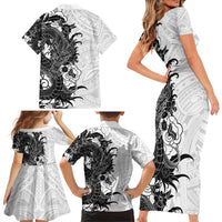Hawaiian And Japanese Culture Family Matching Short Sleeve Bodycon Dress and Hawaiian Shirt Irezumi Dragon With Polynesian Pattern White - Polynesian Pride