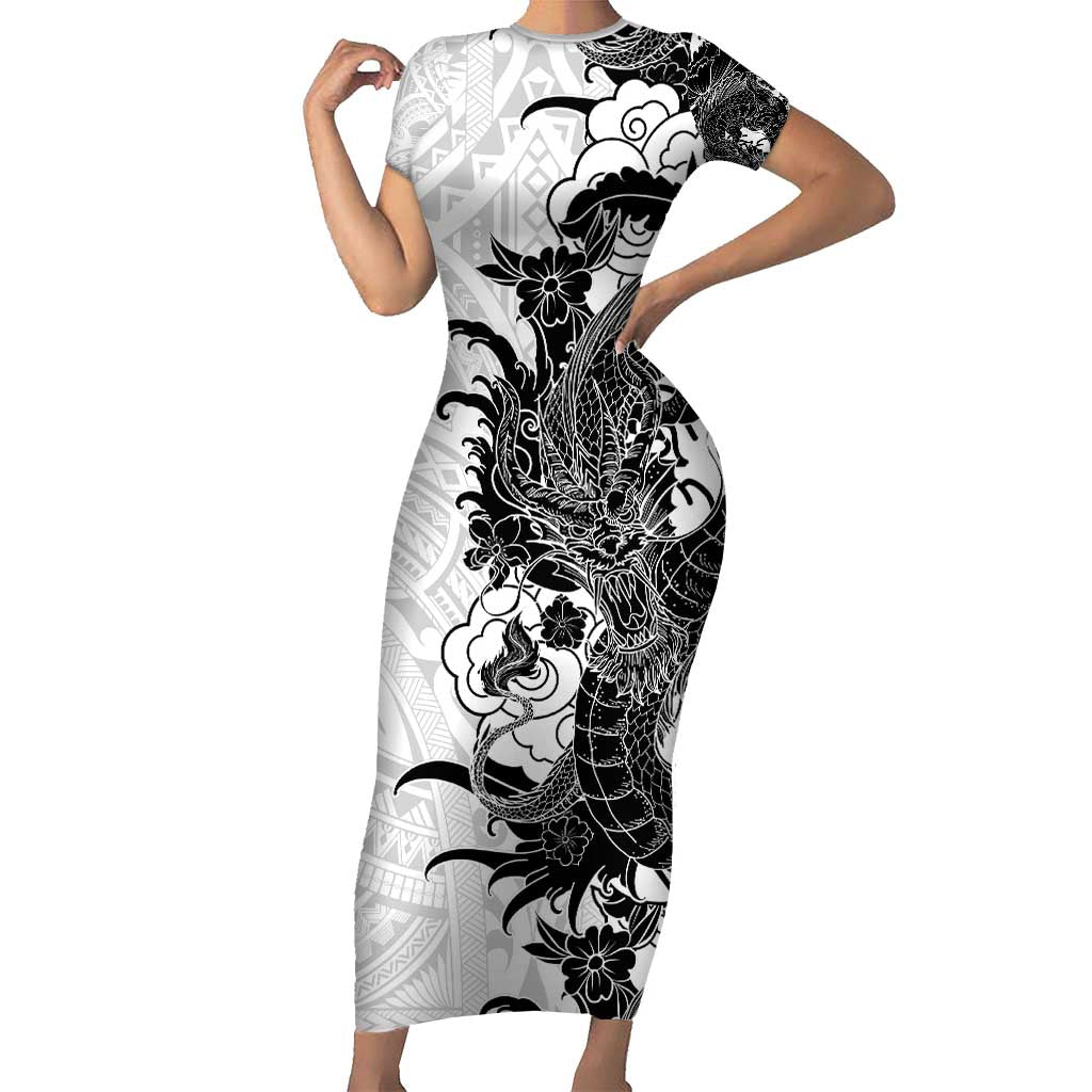 Hawaiian And Japanese Culture Family Matching Short Sleeve Bodycon Dress and Hawaiian Shirt Irezumi Dragon With Polynesian Pattern White - Polynesian Pride