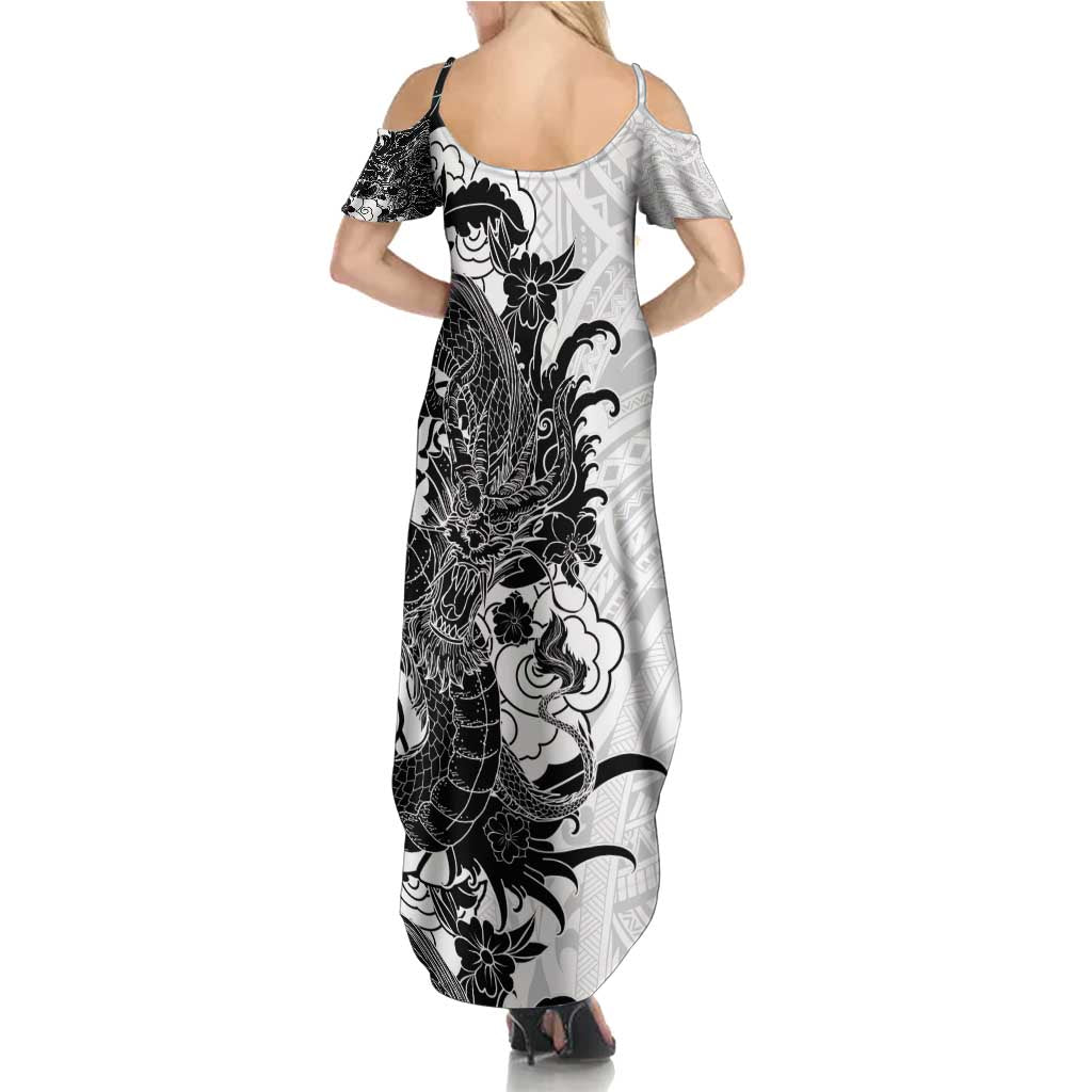 Hawaiian And Japanese Culture Family Matching Summer Maxi Dress and Hawaiian Shirt Irezumi Dragon With Polynesian Pattern White - Polynesian Pride