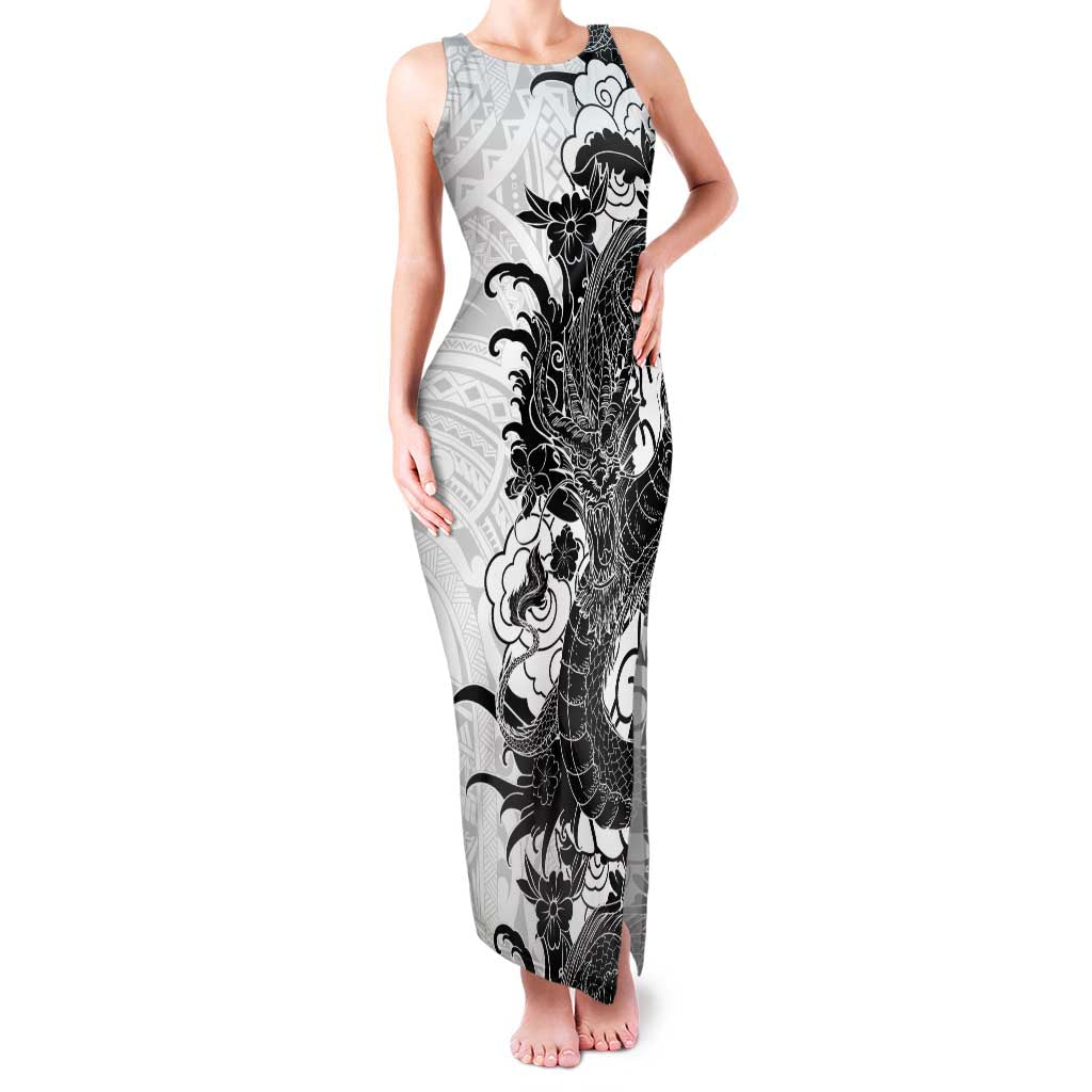 Hawaiian And Japanese Culture Family Matching Tank Maxi Dress and Hawaiian Shirt Irezumi Dragon With Polynesian Pattern White - Polynesian Pride