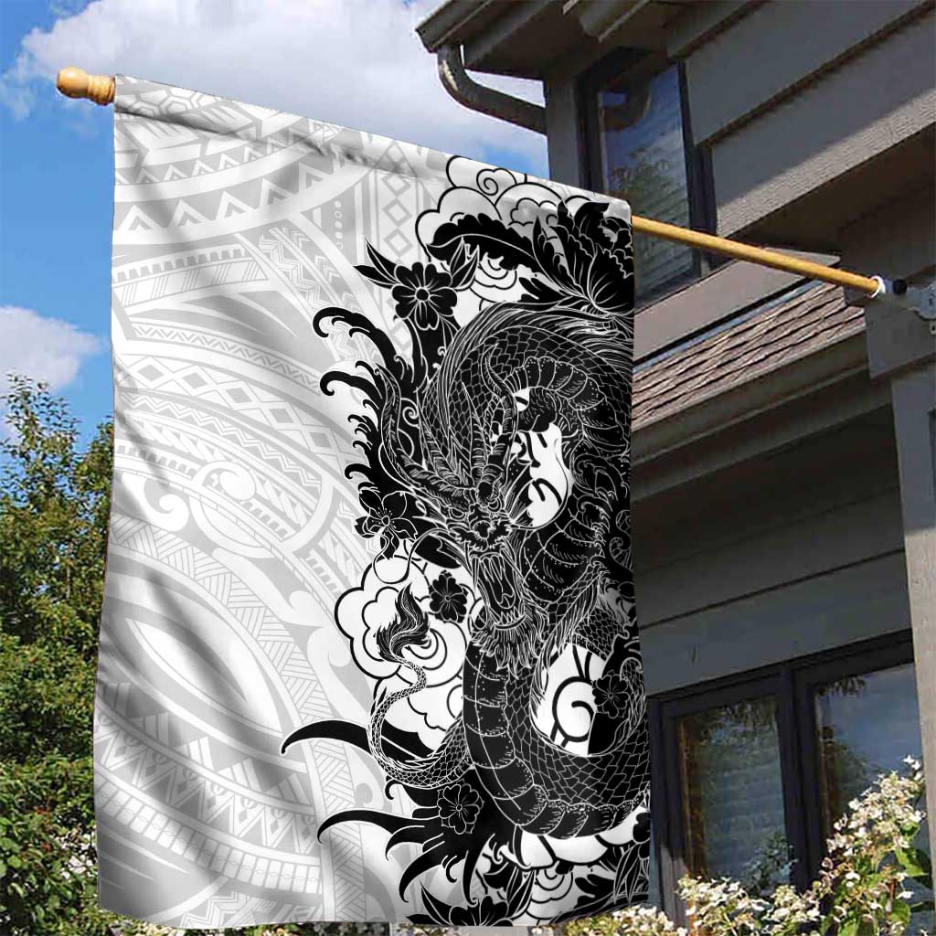Hawaiian And Japanese Culture Garden Flag Irezumi Dragon With Polynesian Pattern White - Polynesian Pride