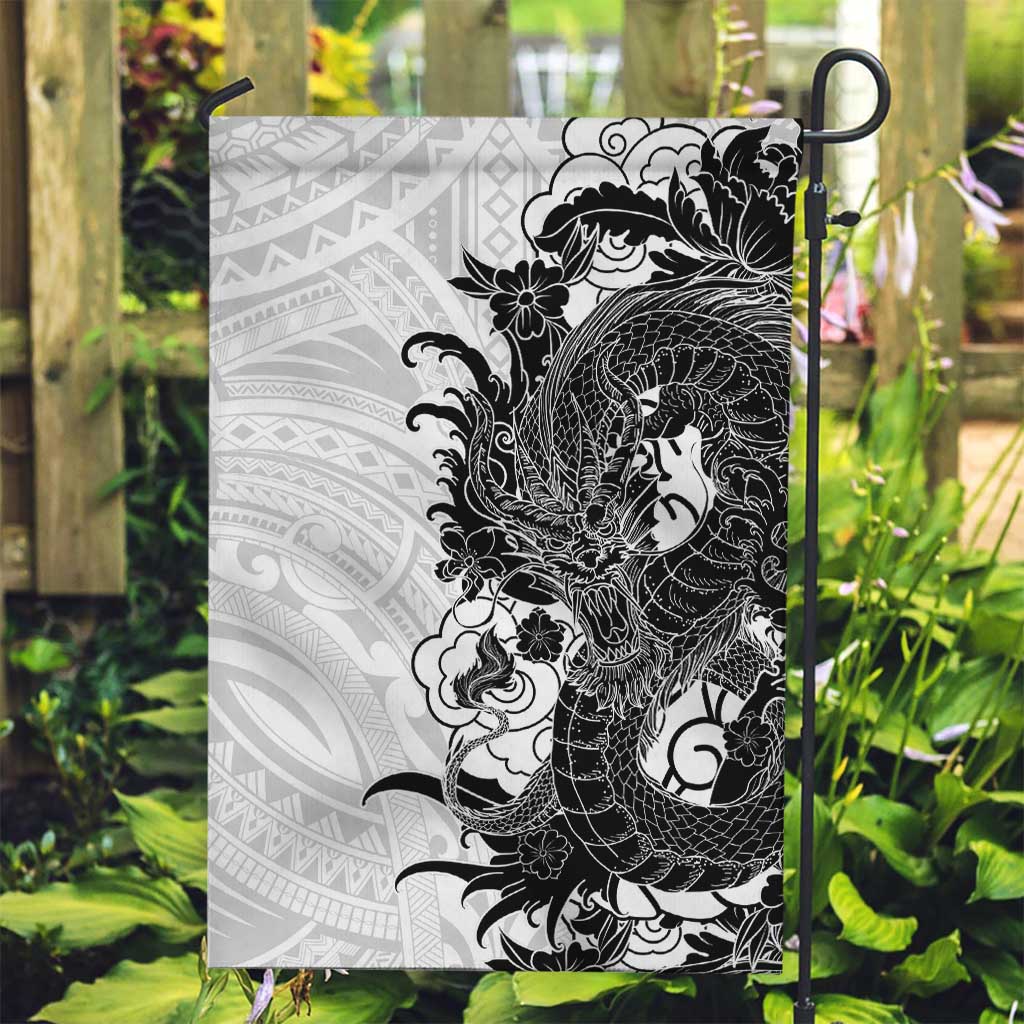 Hawaiian And Japanese Culture Garden Flag Irezumi Dragon With Polynesian Pattern White - Polynesian Pride