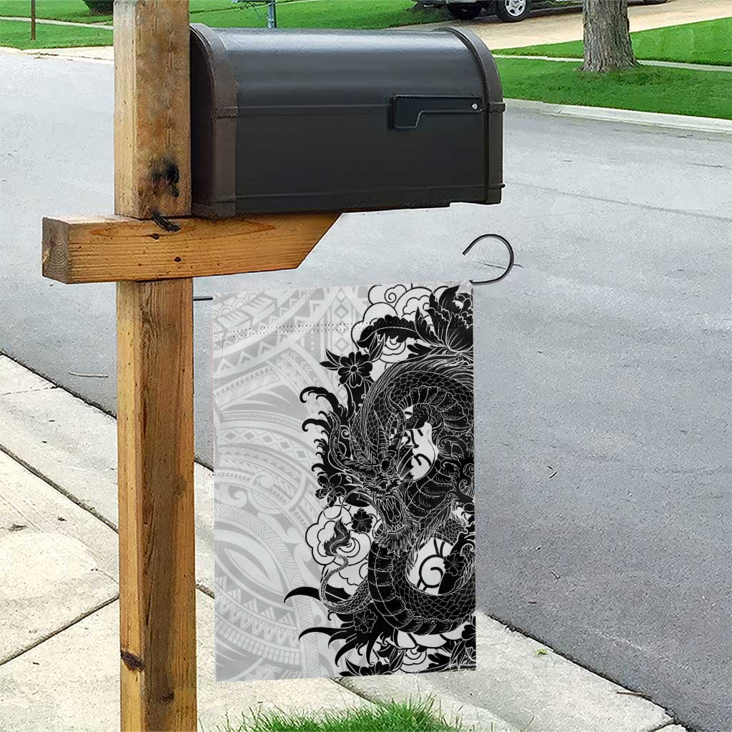 Hawaiian And Japanese Culture Garden Flag Irezumi Dragon With Polynesian Pattern White - Polynesian Pride