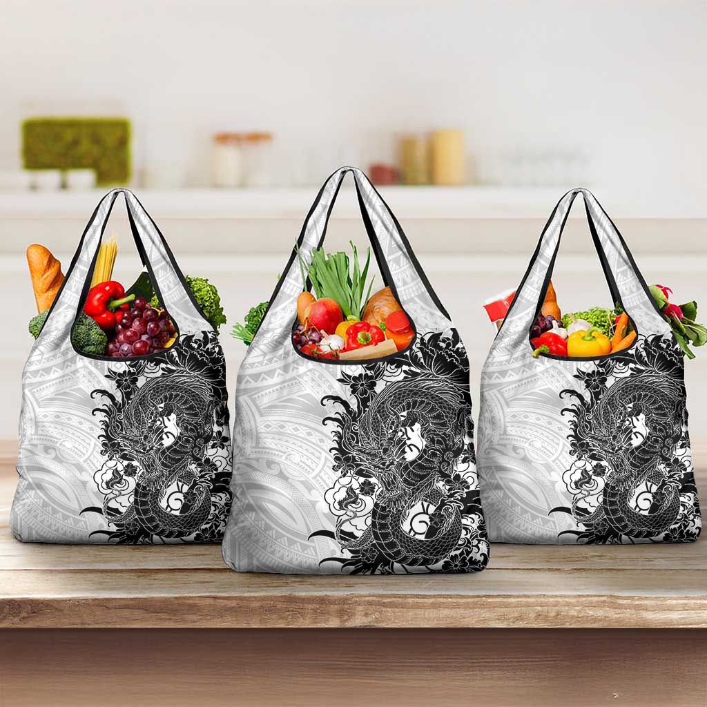 Hawaiian And Japanese Culture Grocery Bag Irezumi Dragon With Polynesian Pattern White - Polynesian Pride