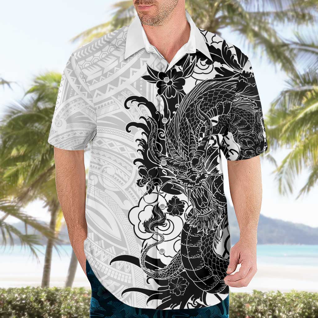 Hawaiian And Japanese Culture Hawaiian Shirt Irezumi Dragon With Polynesian Pattern White - Polynesian Pride