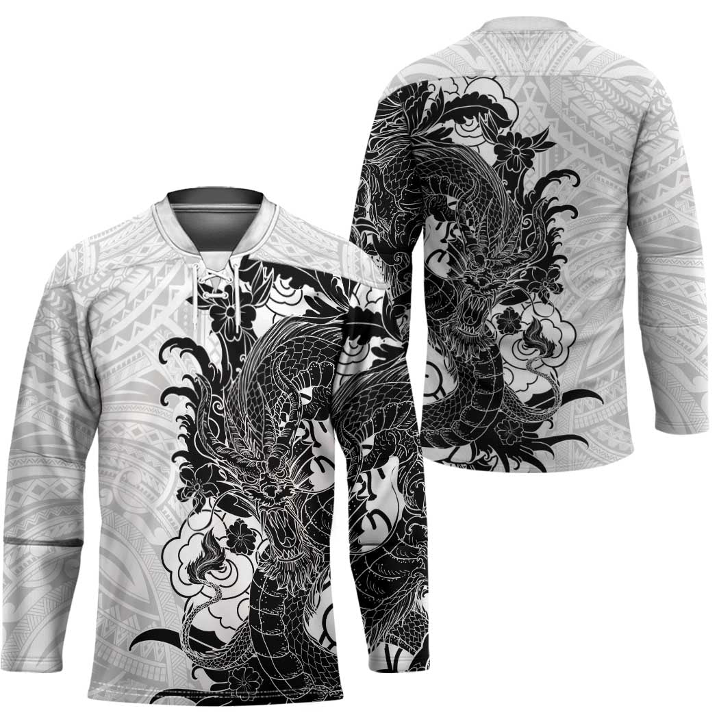 Hawaiian And Japanese Culture Hockey Jersey Irezumi Dragon With Polynesian Pattern White - Polynesian Pride