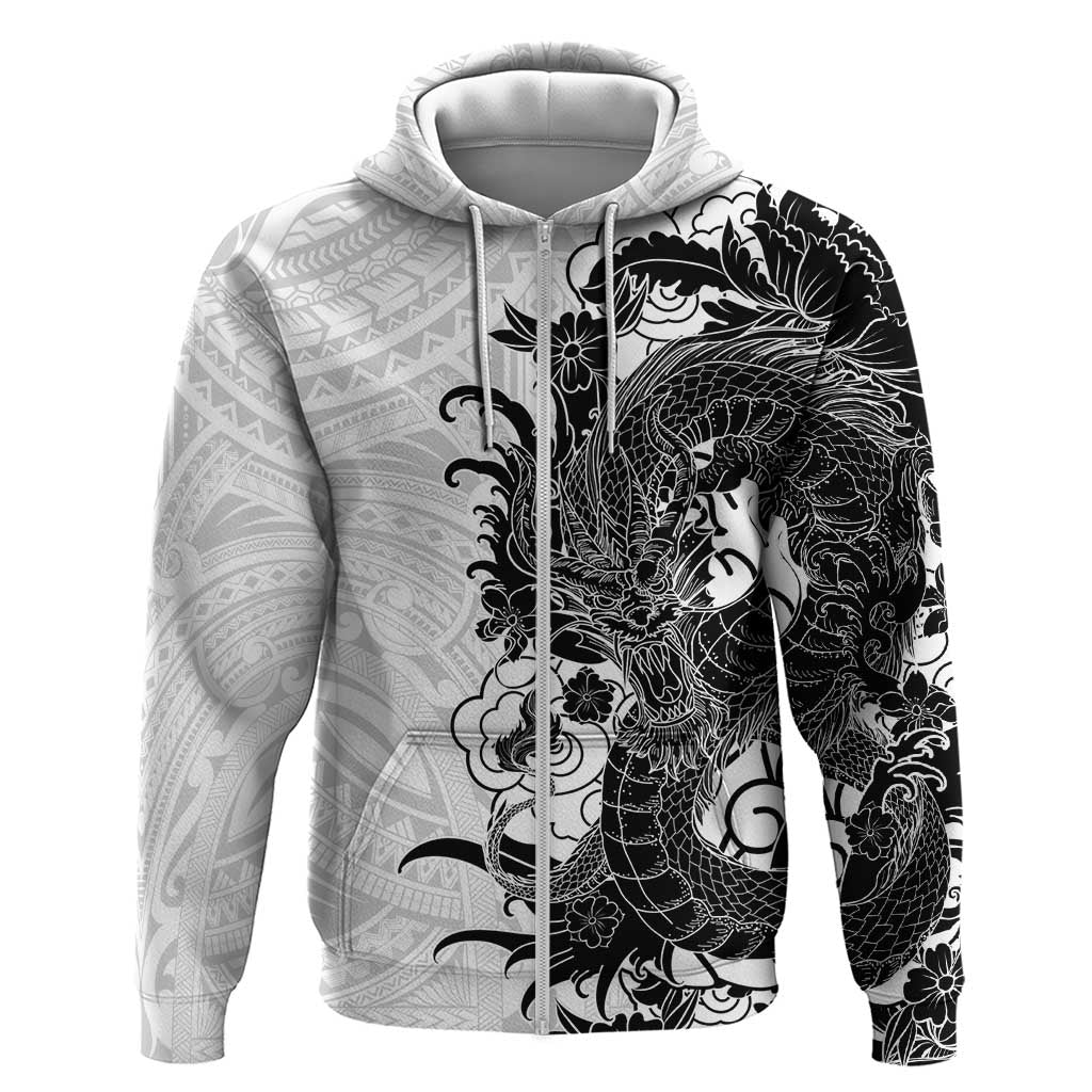 Hawaiian And Japanese Culture Hoodie Irezumi Dragon With Polynesian Pattern White - Polynesian Pride