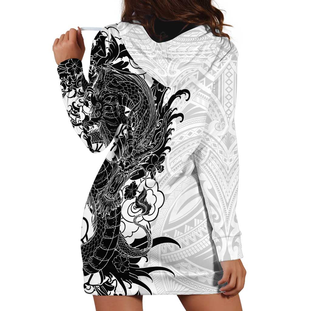 Hawaiian And Japanese Culture Hoodie Dress Irezumi Dragon With Polynesian Pattern White - Polynesian Pride