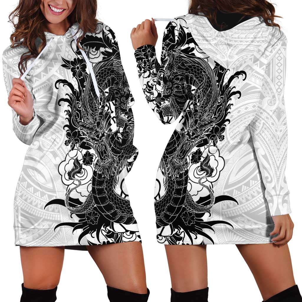 Hawaiian And Japanese Culture Hoodie Dress Irezumi Dragon With Polynesian Pattern White - Polynesian Pride