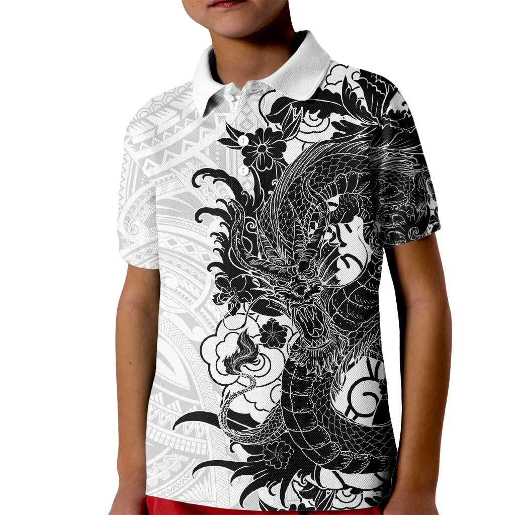 Hawaiian And Japanese Culture Kid Polo Shirt Irezumi Dragon With Polynesian Pattern White - Polynesian Pride