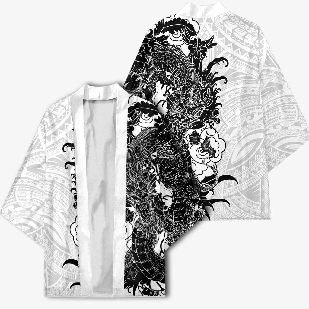 Hawaiian And Japanese Culture Kimono Irezumi Dragon With Polynesian Pattern White - Polynesian Pride