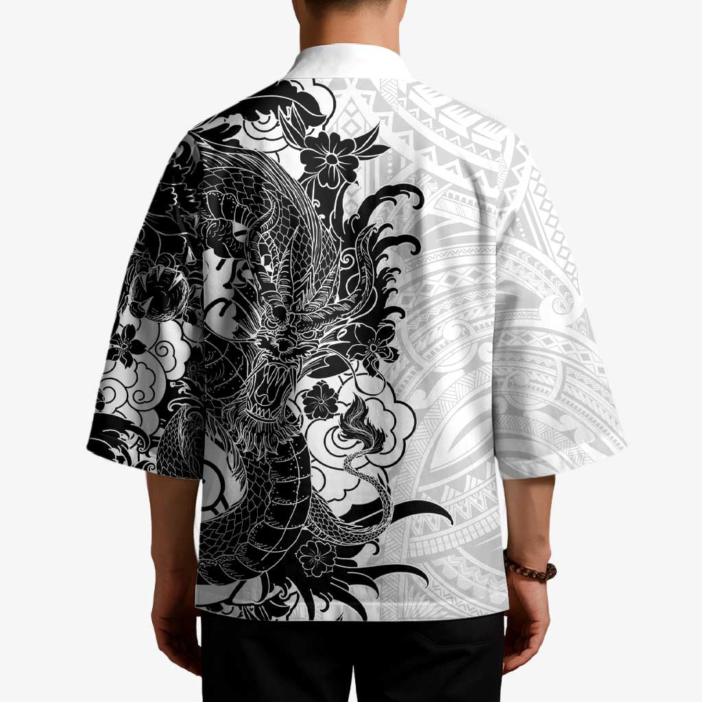 Hawaiian And Japanese Culture Kimono Irezumi Dragon With Polynesian Pattern White - Polynesian Pride