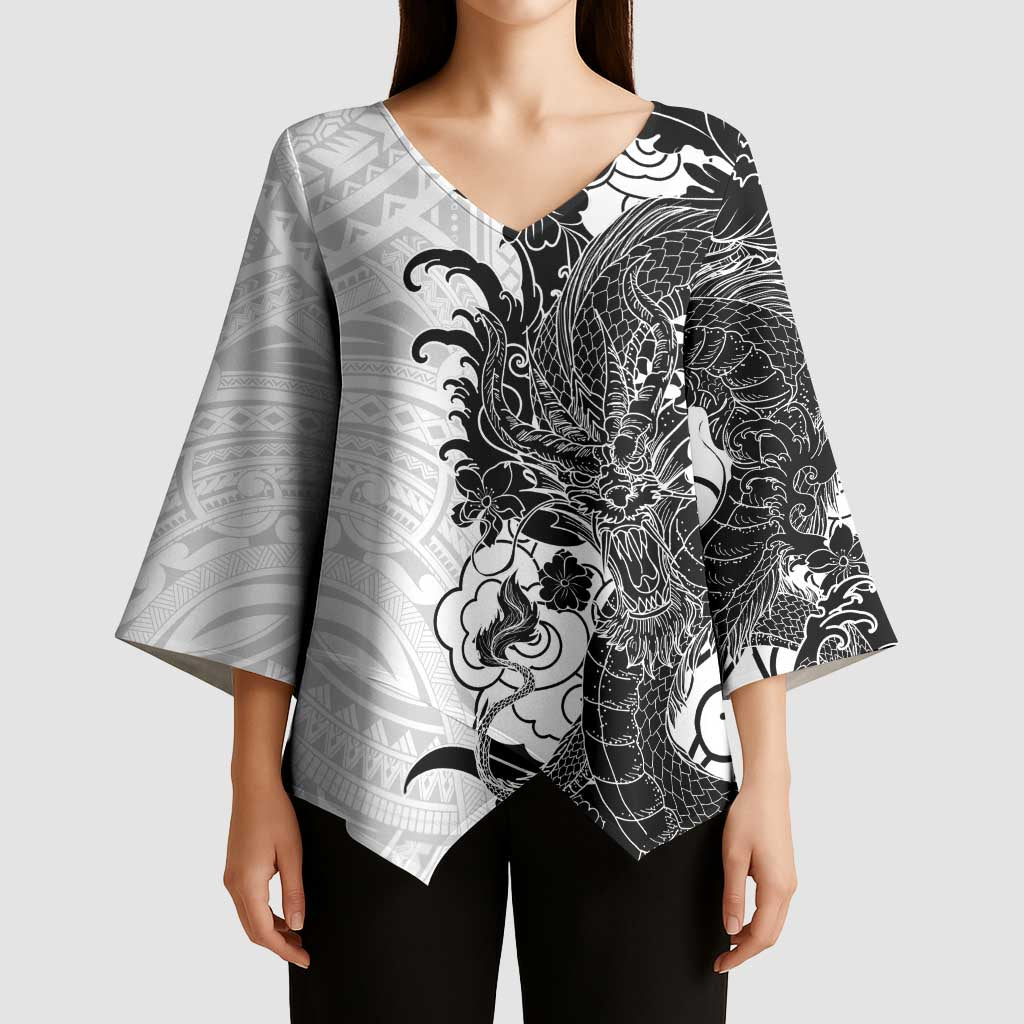 Hawaiian And Japanese Culture Kimono Sleeve Blouse Irezumi Dragon With Polynesian Pattern White LT05 - Polynesian Pride