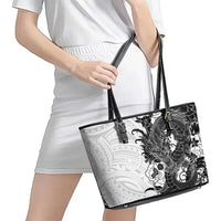Hawaiian And Japanese Culture Leather Tote Bag Irezumi Dragon With Polynesian Pattern White - Polynesian Pride