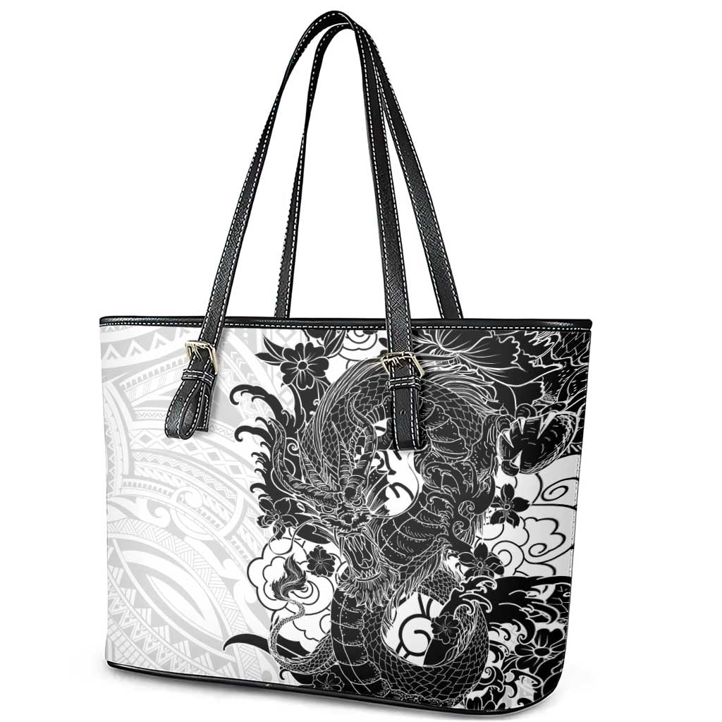 Hawaiian And Japanese Culture Leather Tote Bag Irezumi Dragon With Polynesian Pattern White - Polynesian Pride