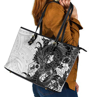 Hawaiian And Japanese Culture Leather Tote Bag Irezumi Dragon With Polynesian Pattern White - Polynesian Pride