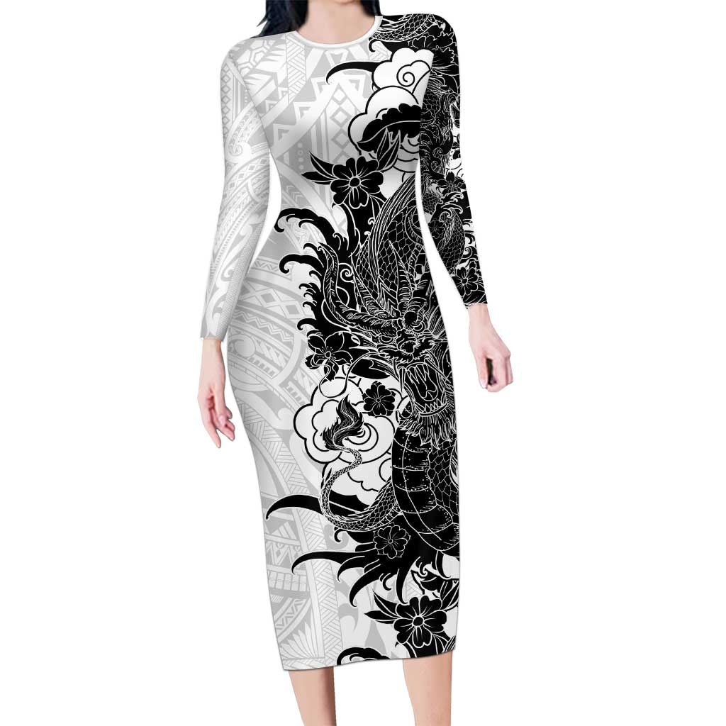Hawaiian And Japanese Culture Long Sleeve Bodycon Dress Irezumi Dragon With Polynesian Pattern White - Polynesian Pride