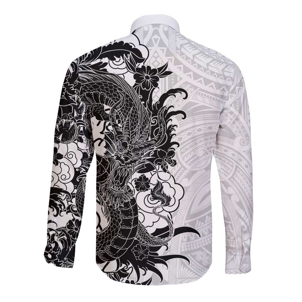 Hawaiian And Japanese Culture Long Sleeve Button Shirt Irezumi Dragon With Polynesian Pattern White LT05 - Polynesian Pride