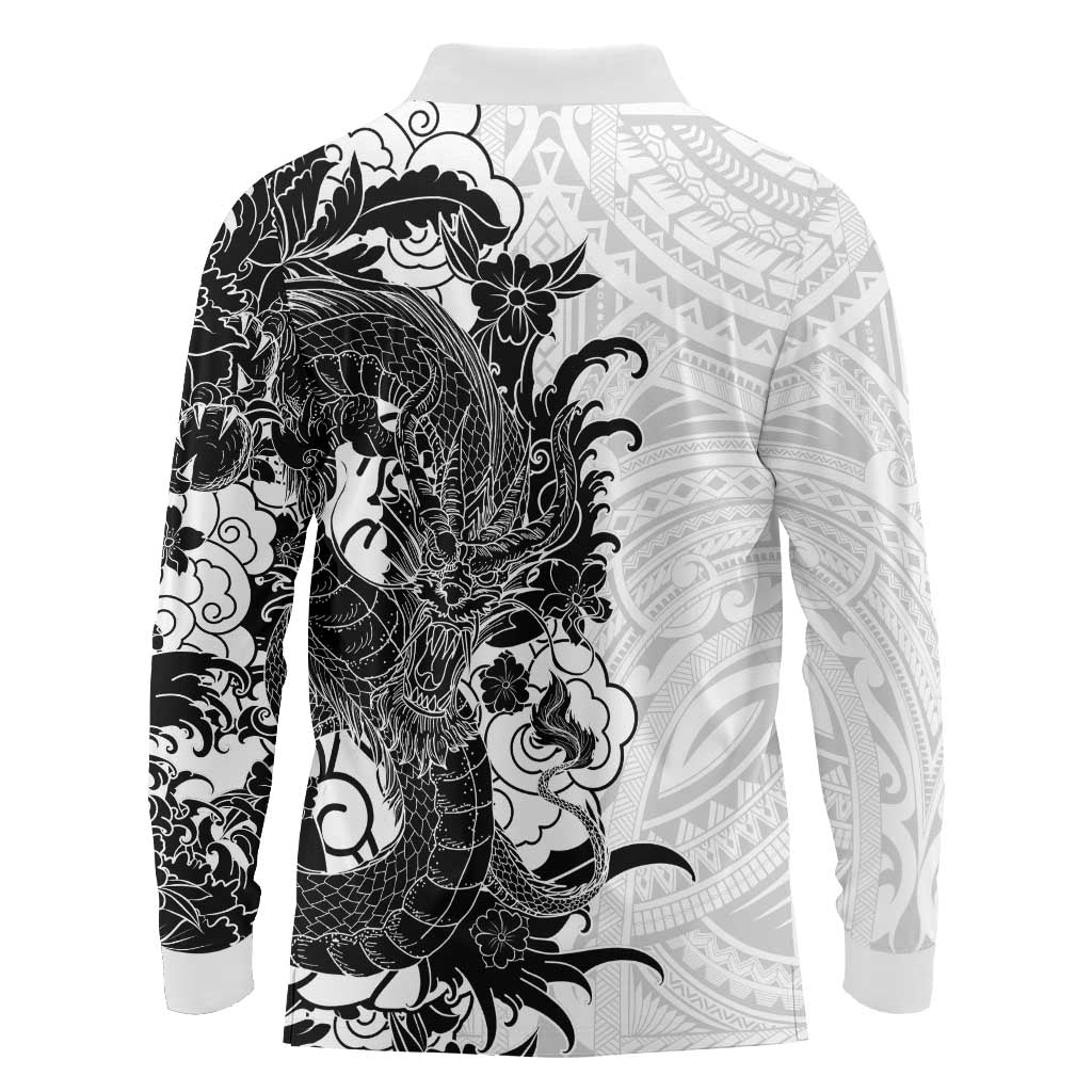 Hawaiian And Japanese Culture Long Sleeve Polo Shirt Irezumi Dragon With Polynesian Pattern White LT05 - Polynesian Pride