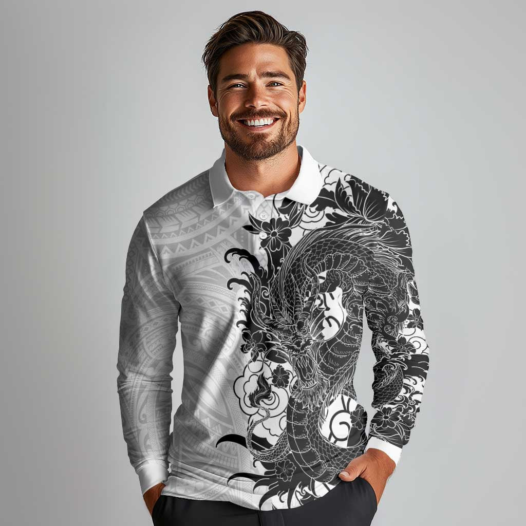 Hawaiian And Japanese Culture Long Sleeve Polo Shirt Irezumi Dragon With Polynesian Pattern White LT05 - Polynesian Pride
