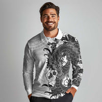 Hawaiian And Japanese Culture Long Sleeve Polo Shirt Irezumi Dragon With Polynesian Pattern White LT05 - Polynesian Pride