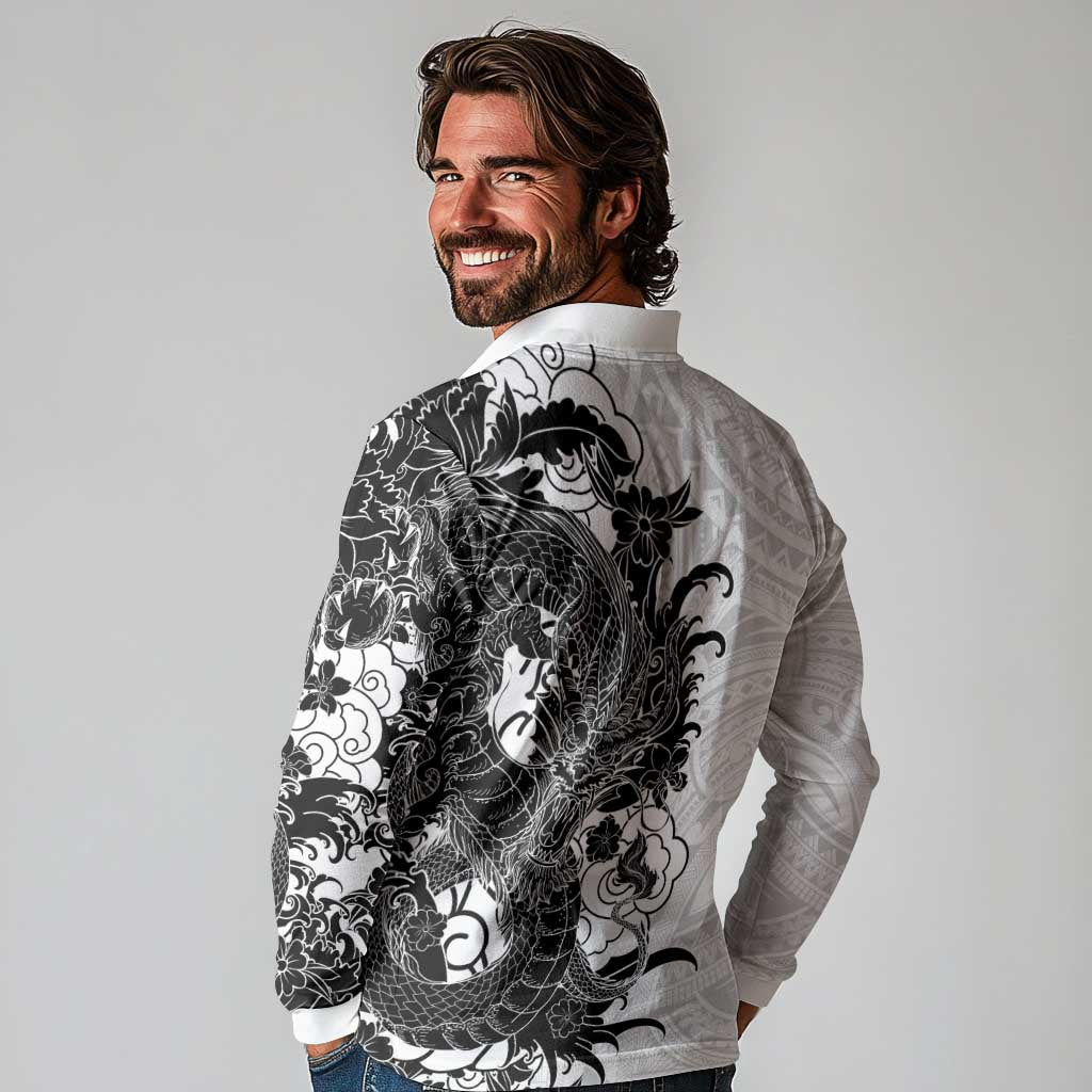 Hawaiian And Japanese Culture Long Sleeve Polo Shirt Irezumi Dragon With Polynesian Pattern White LT05 - Polynesian Pride