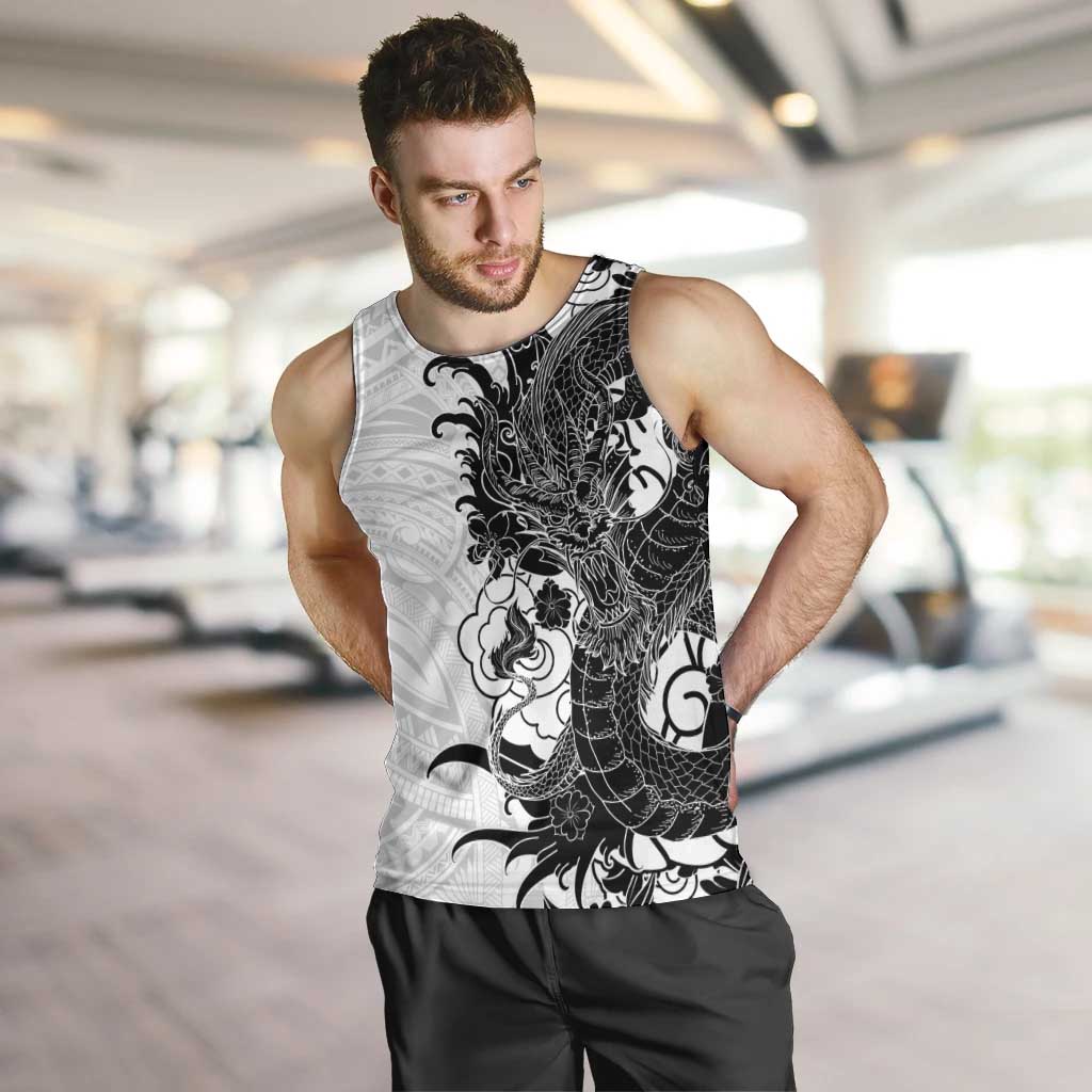 Hawaiian And Japanese Culture Men Tank Top Irezumi Dragon With Polynesian Pattern White LT05 White - Polynesian Pride
