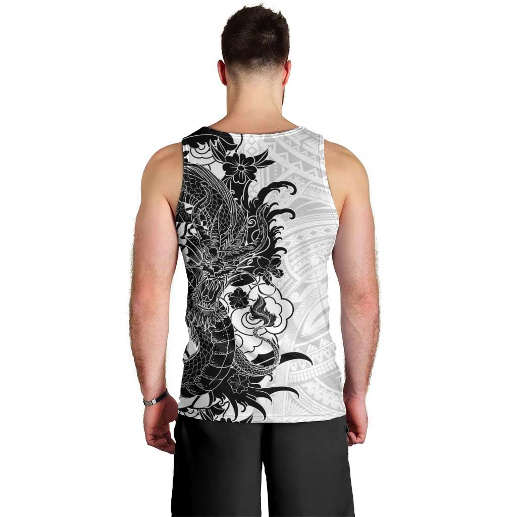 Hawaiian And Japanese Culture Men Tank Top Irezumi Dragon With Polynesian Pattern White LT05 - Polynesian Pride