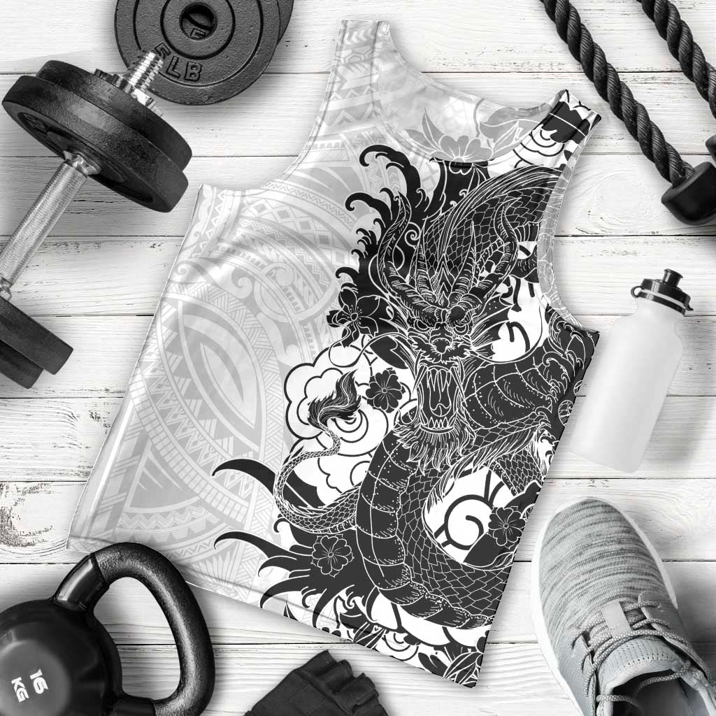 Hawaiian And Japanese Culture Men Tank Top Irezumi Dragon With Polynesian Pattern White LT05 - Polynesian Pride