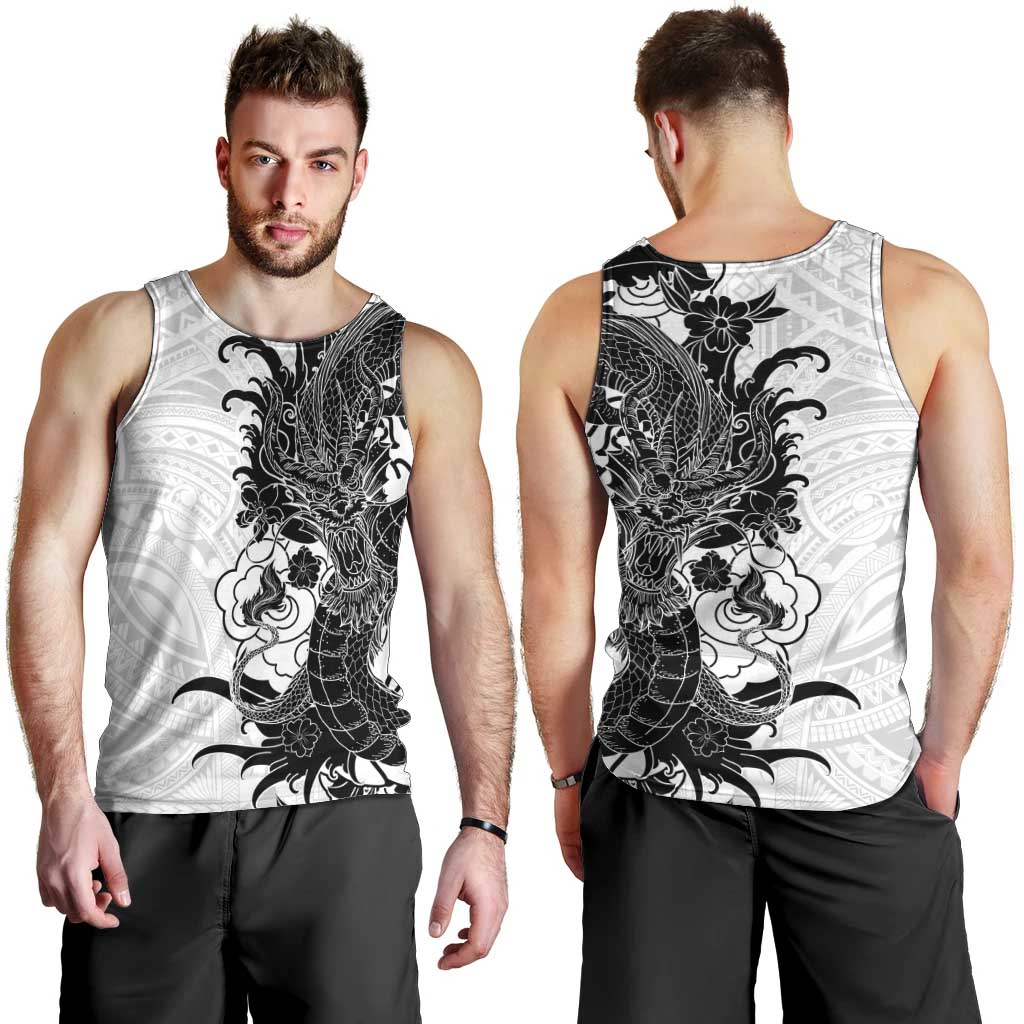 Hawaiian And Japanese Culture Men Tank Top Irezumi Dragon With Polynesian Pattern White LT05 - Polynesian Pride